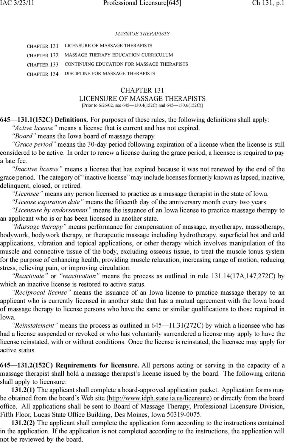 MASSAGE THERAPISTS CHAPTER 131 LICENSURE OF MASSAGE THERAPISTS [Prior to 6/26/02, see 645 130.4(152C) and 645 130.6(152C)] 645 131.1(152C) Definitions.