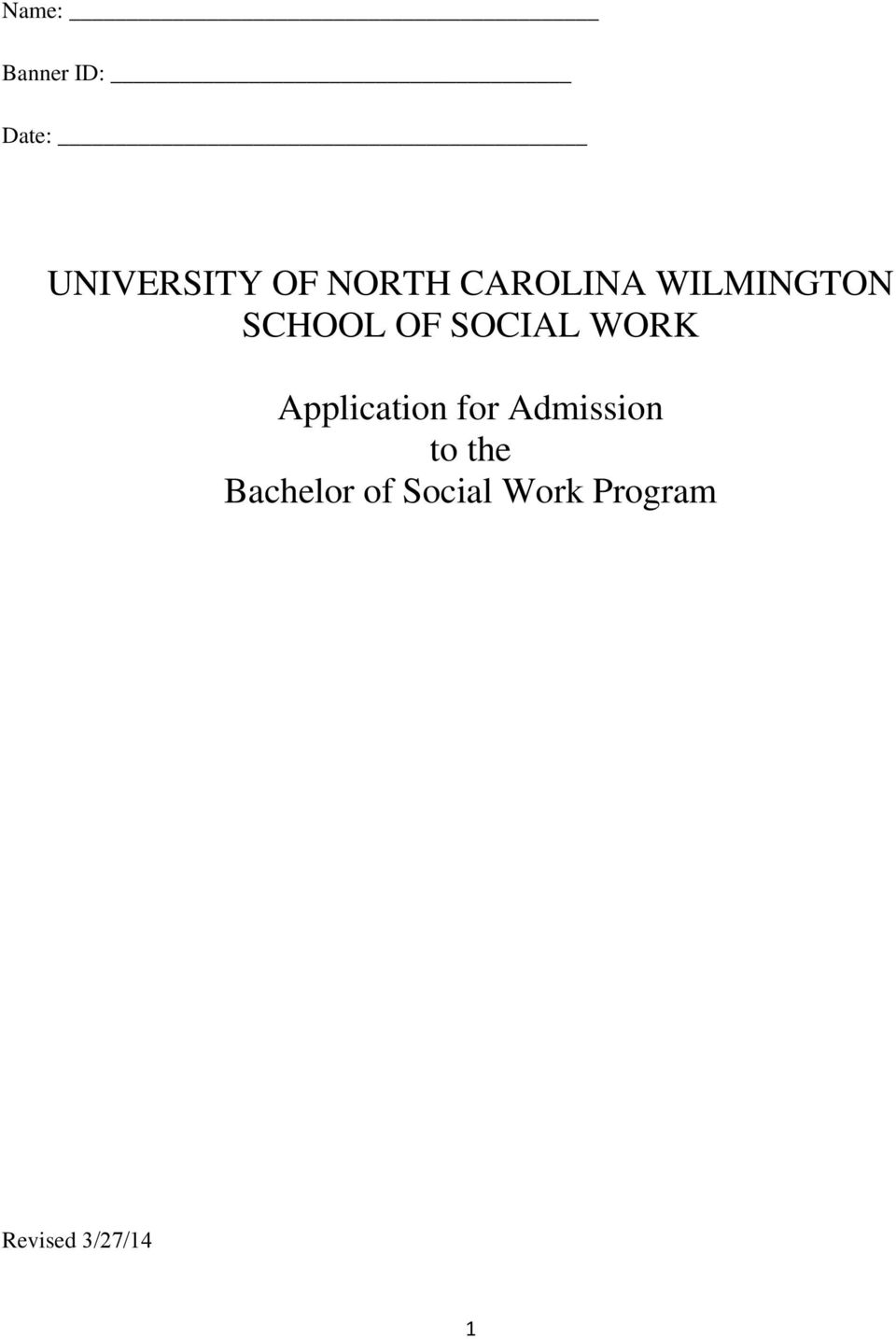 SOCIAL WORK Application for Admission to