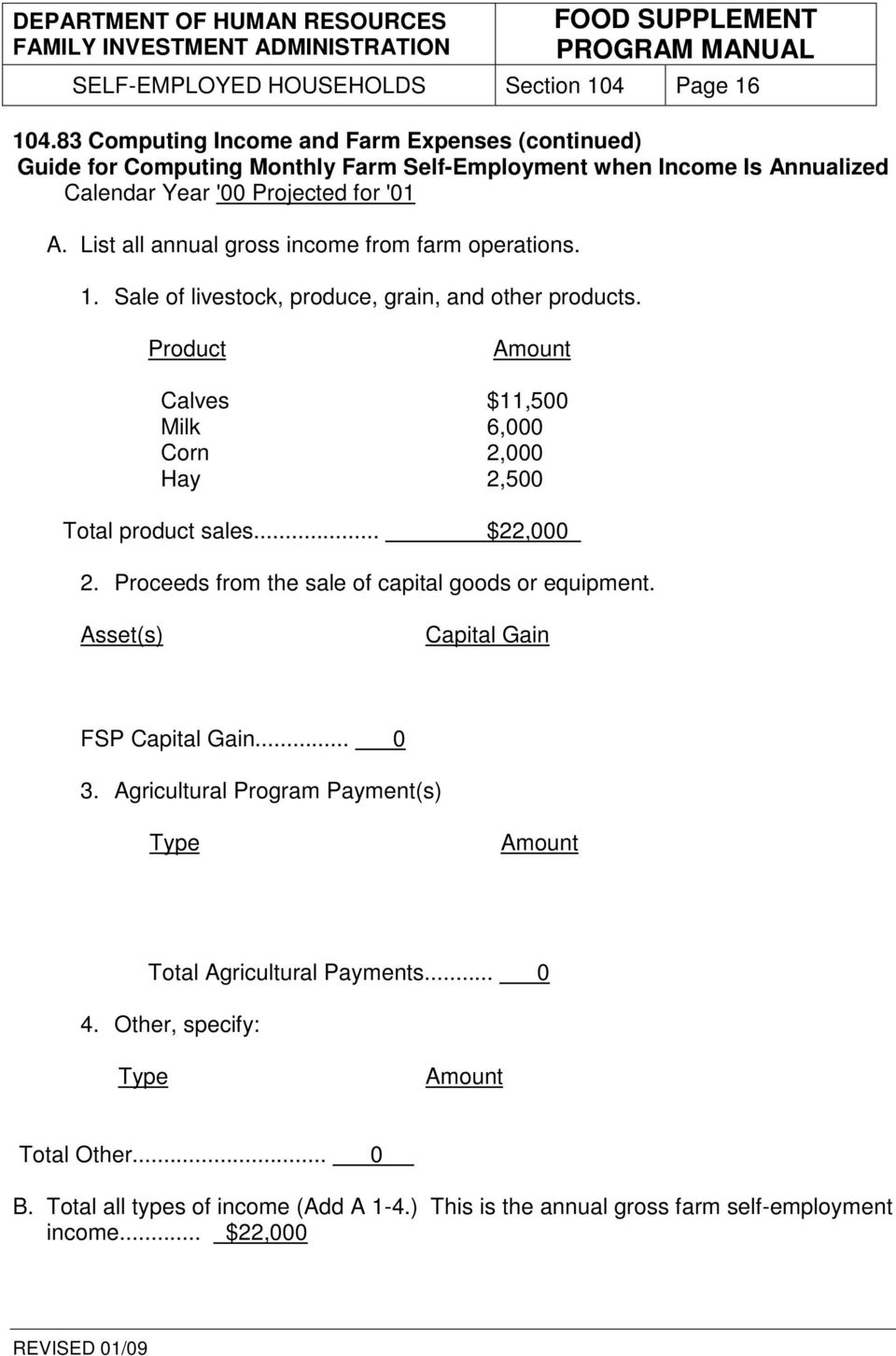 List all annual gross income from farm operations. 1. Sale of livestock, produce, grain, and other products.