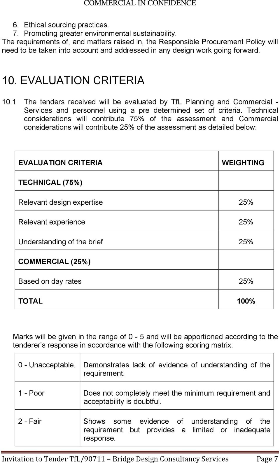 1 The tenders received will be evaluated by TfL Planning and Commercial - Services and personnel using a pre determined set of criteria.