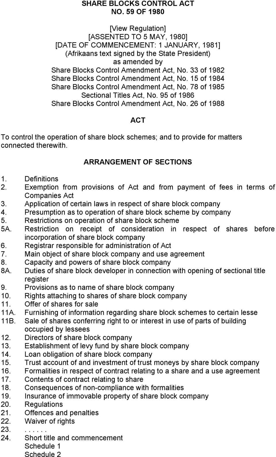 33 of 1982 Share Blocks Control Amendment Act, No. 15 of 1984 Share Blocks Control Amendment Act, No. 78 of 1985 Sectional Titles Act, No. 95 of 1986 Share Blocks Control Amendment Act, No.