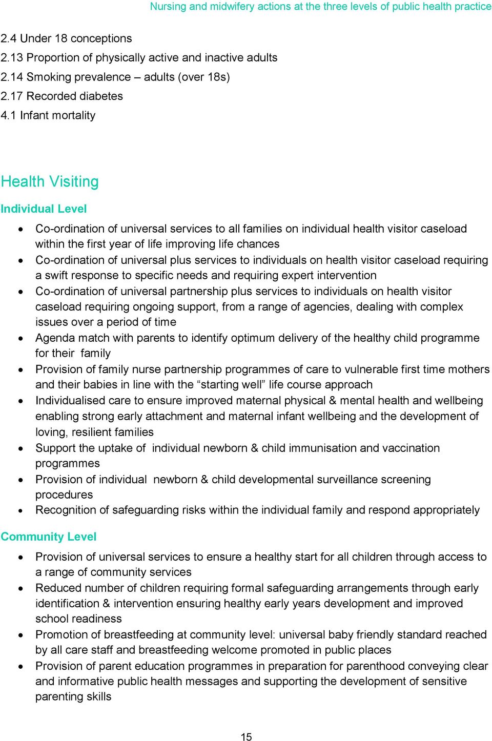 1 Infant mortality Health Visiting Co-ordination of universal services to all families on individual health visitor caseload within the first year of life improving life chances Co-ordination of