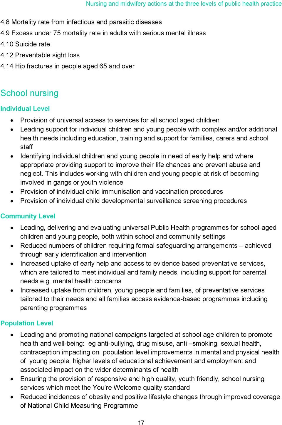 14 Hip fractures in people aged 65 and over School nursing Provision of universal access to services for all school aged children Leading support for individual children and young people with complex