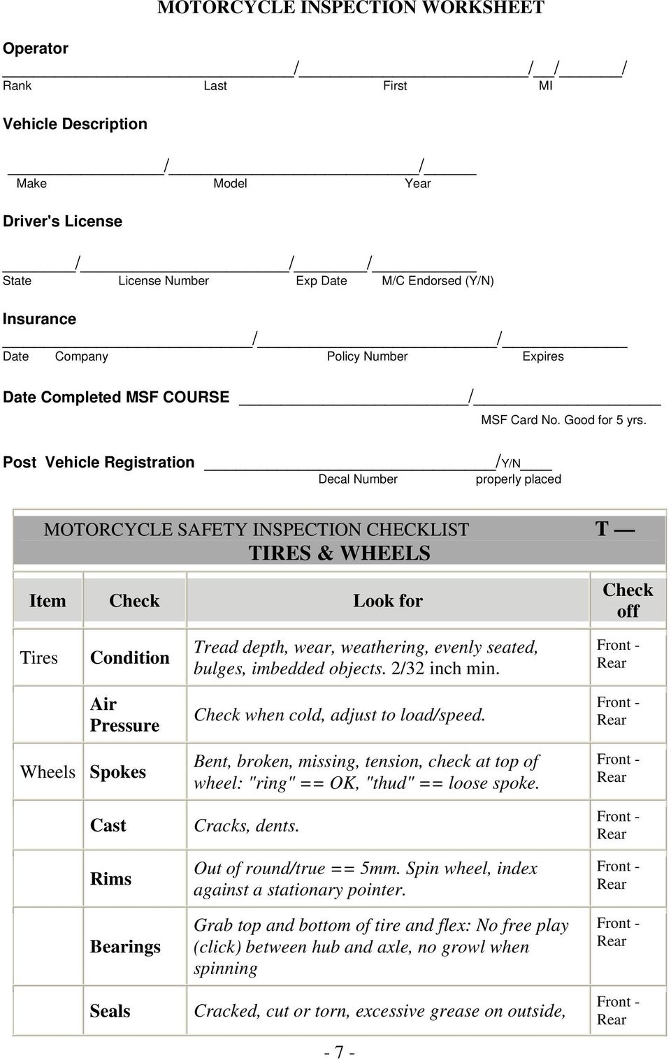 Post Vehicle Registration /Y/N Decal Number properly placed MOTORCYCLE SAFETY INSPECTION CHECKLIST T TIRES & WHEELS Item Look for Tires Tread depth, wear, weathering, evenly seated, bulges, imbedded