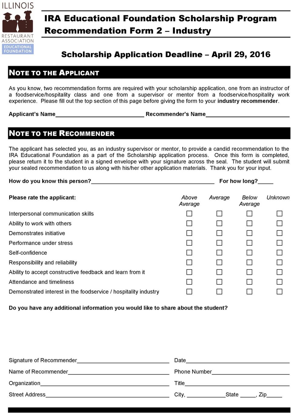 Please fill out the top section of this page before giving the form to your industry recommender.