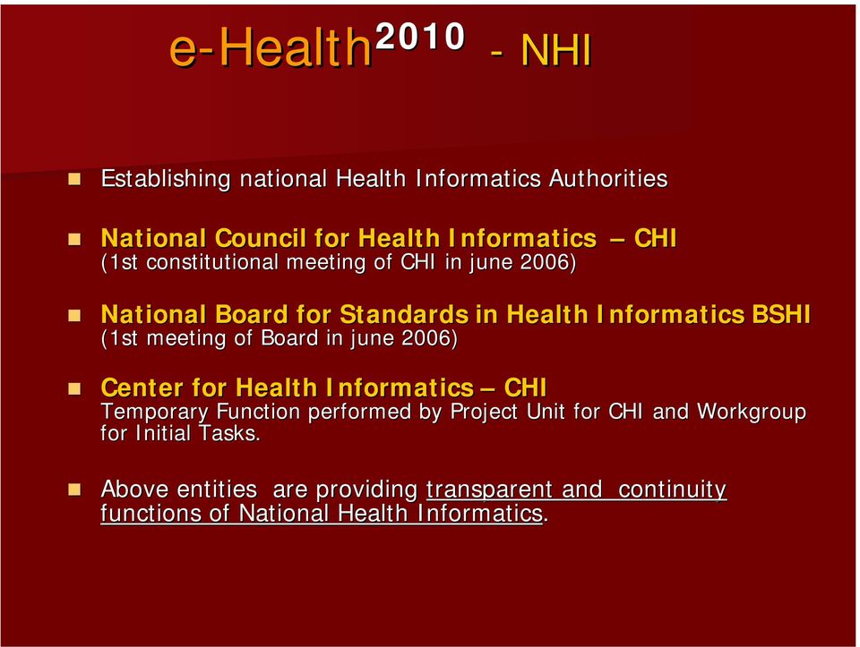 National Board for Standards in Health Informatics BSHI (1st meeting of Board in june 2006)!