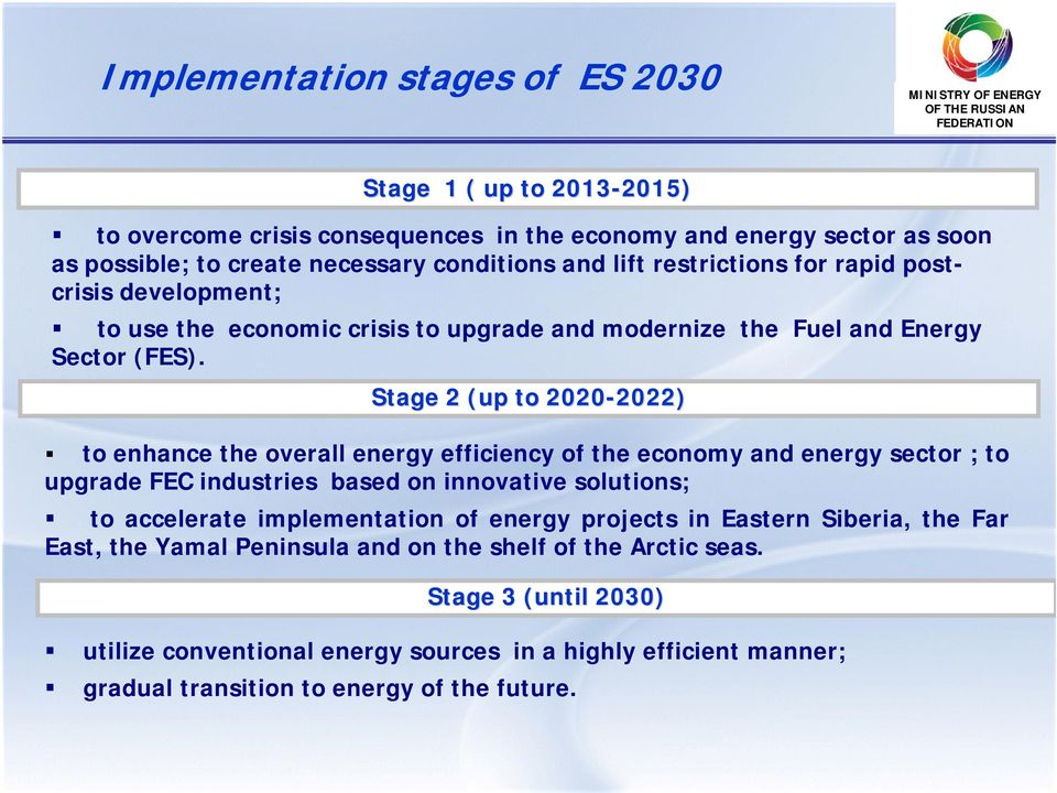 Stage 2 (up to 2020-2022) 2022) to enhance the overall energy efficiency of the economy and energy sector ; to upgrade FEC industries based on innovative solutions; to accelerate