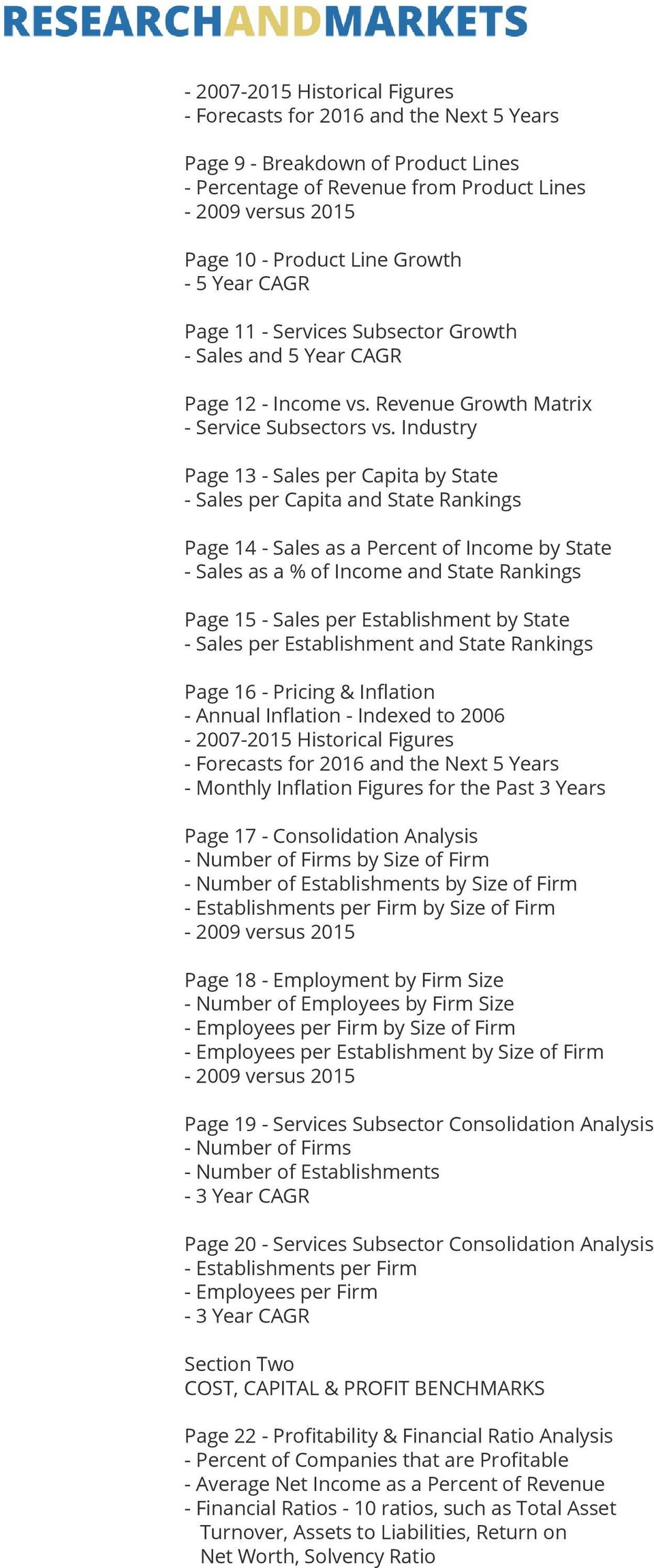 Industry Page 13 - Sales per Capita by State - Sales per Capita and State Rankings Page 14 - Sales as a Percent of Income by State - Sales as a % of Income and State Rankings Page 15 - Sales per
