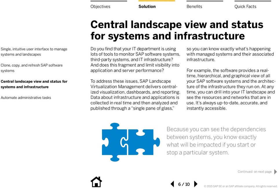 To address these issues, SAP Landscape Virtualization Management delivers centralized visualization, dashboards, and reporting.