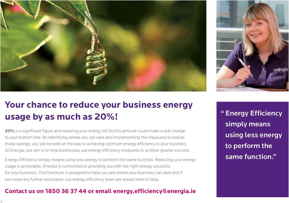 At Energia, our aim is to help businesses use energy efficiency measures to achieve greater success. Energy Efficiency simply means using less energy to perform the same function.