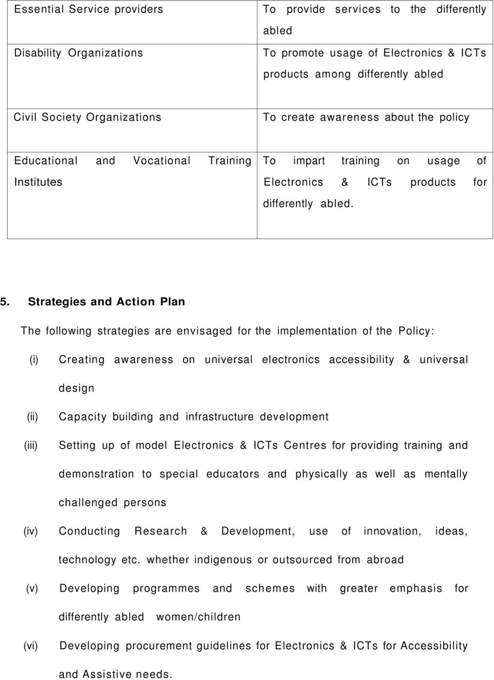 Strategies and Action Plan The following strategies are envisaged for the implementation of the Policy: (i) Creating awareness on universal electronics accessibility & universal design (ii) (iii)