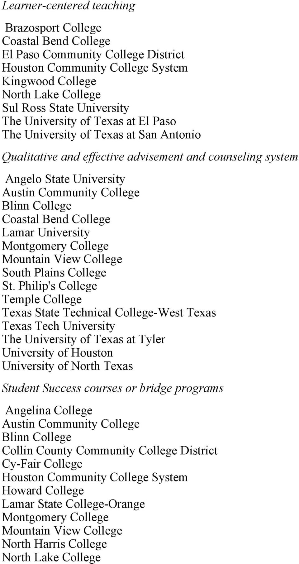 Philip's College Temple College Texas State Technical College-West Texas Texas Tech University The University of Texas at Tyler University of Houston University of North Texas Student Success courses