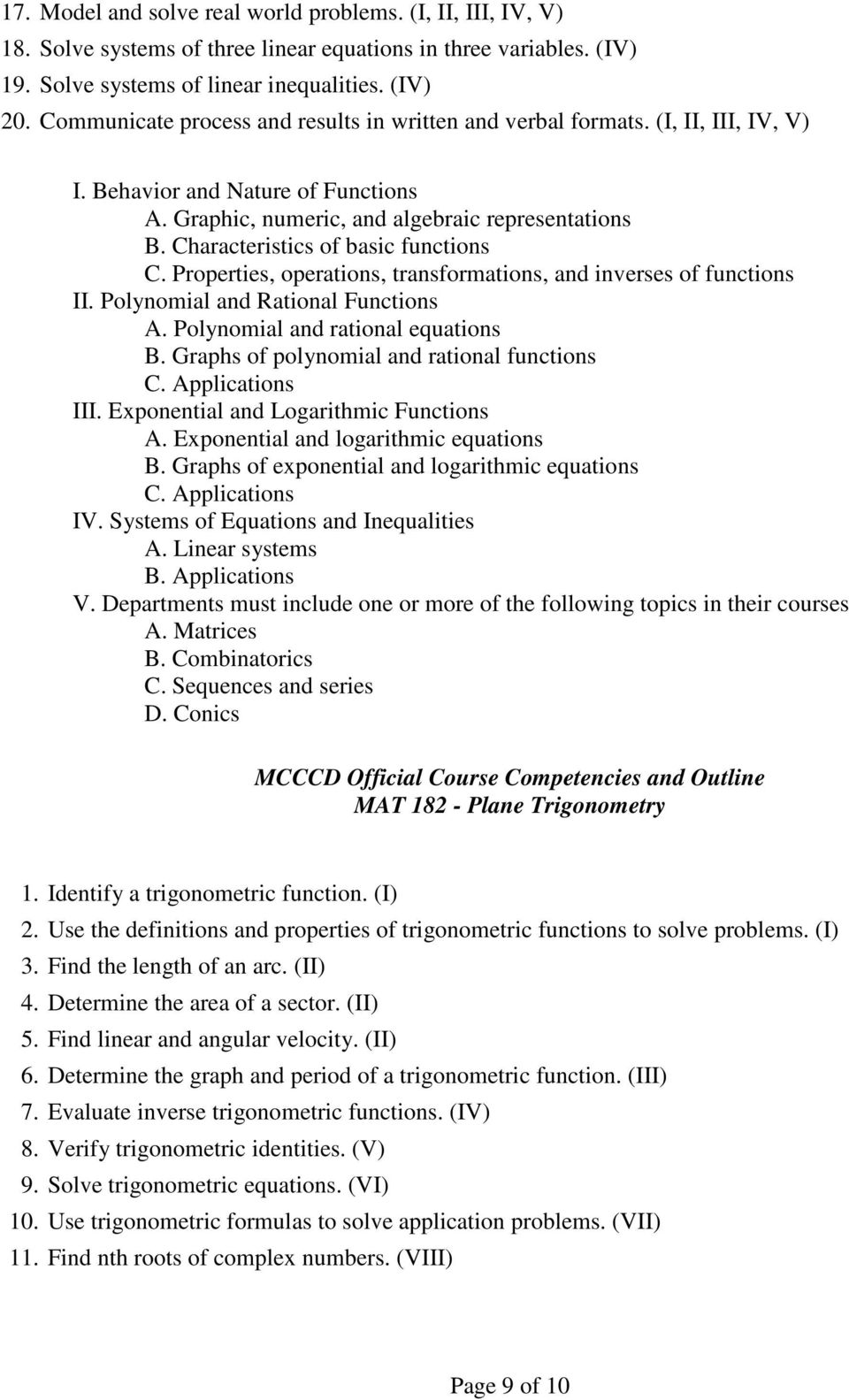Characteristics of basic functions C. Properties, operations, transformations, and inverses of functions II. Polynomial and Rational Functions A. Polynomial and rational equations B.