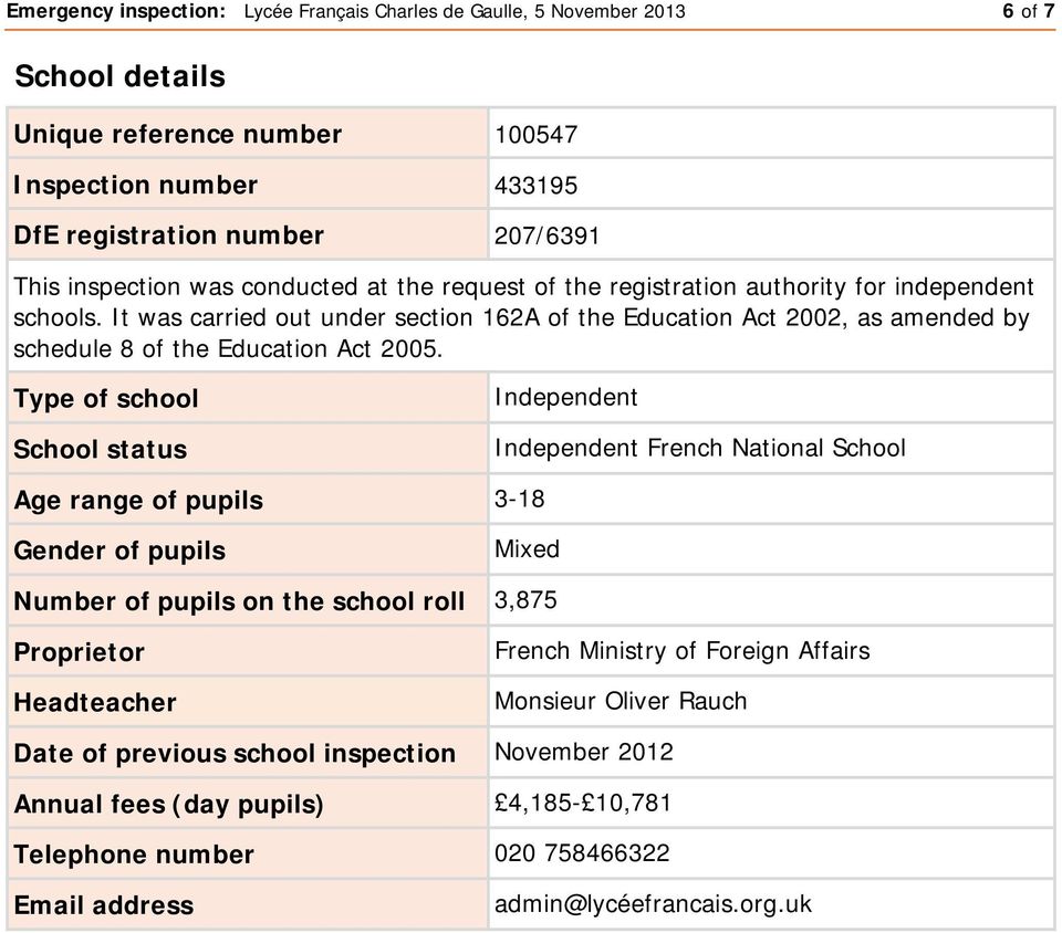 Type of school School status Independent Independent French National School Age range of pupils 3-18 Gender of pupils Mixed Number of pupils on the school roll 3,875 Proprietor Headteacher French