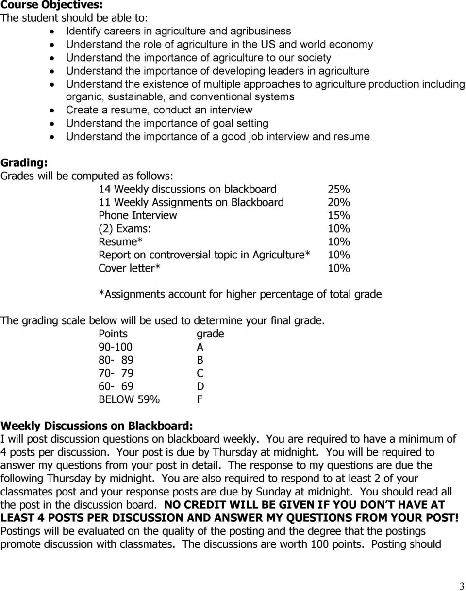 conventional systems Create a resume, conduct an interview Understand the importance of goal setting Understand the importance of a good job interview and resume Grading: Grades will be computed as