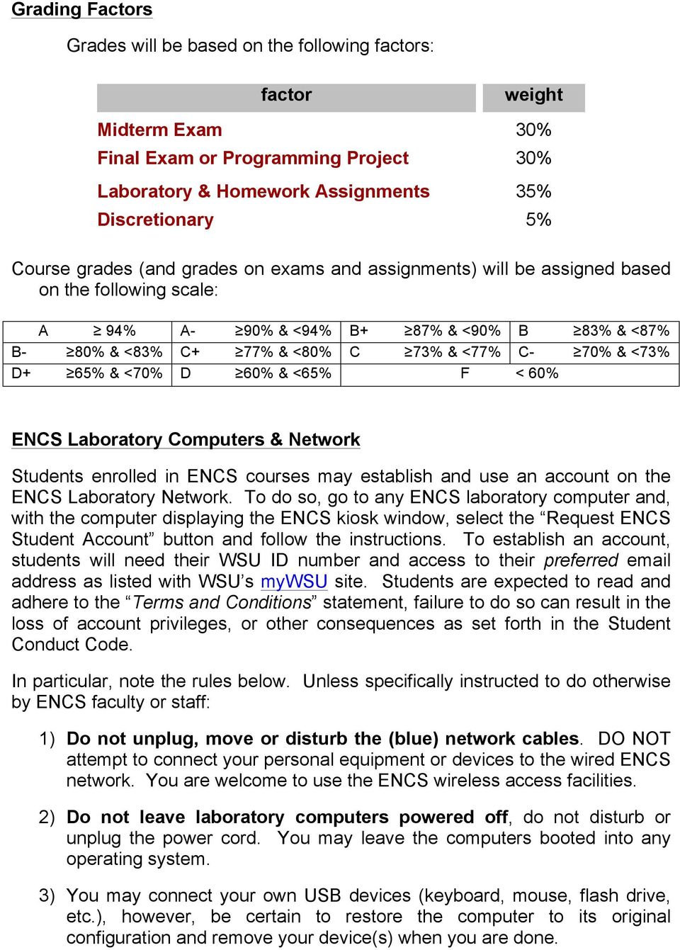65% & <70% D 60% & <65% F < 60% ENCS Laboratory Computers & Network Students enrolled in ENCS courses may establish and use an account on the ENCS Laboratory Network.