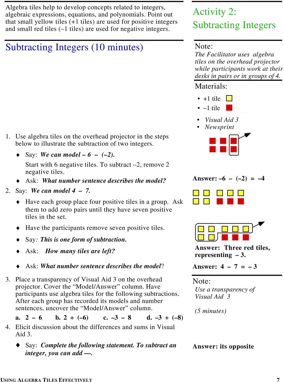 Subtracting Integers (10 minutes) Activity 2: Subtracting Integers The Facilitator uses algebra tiles on the overhead projector while participants work at their desks in pairs or in groups of 4.