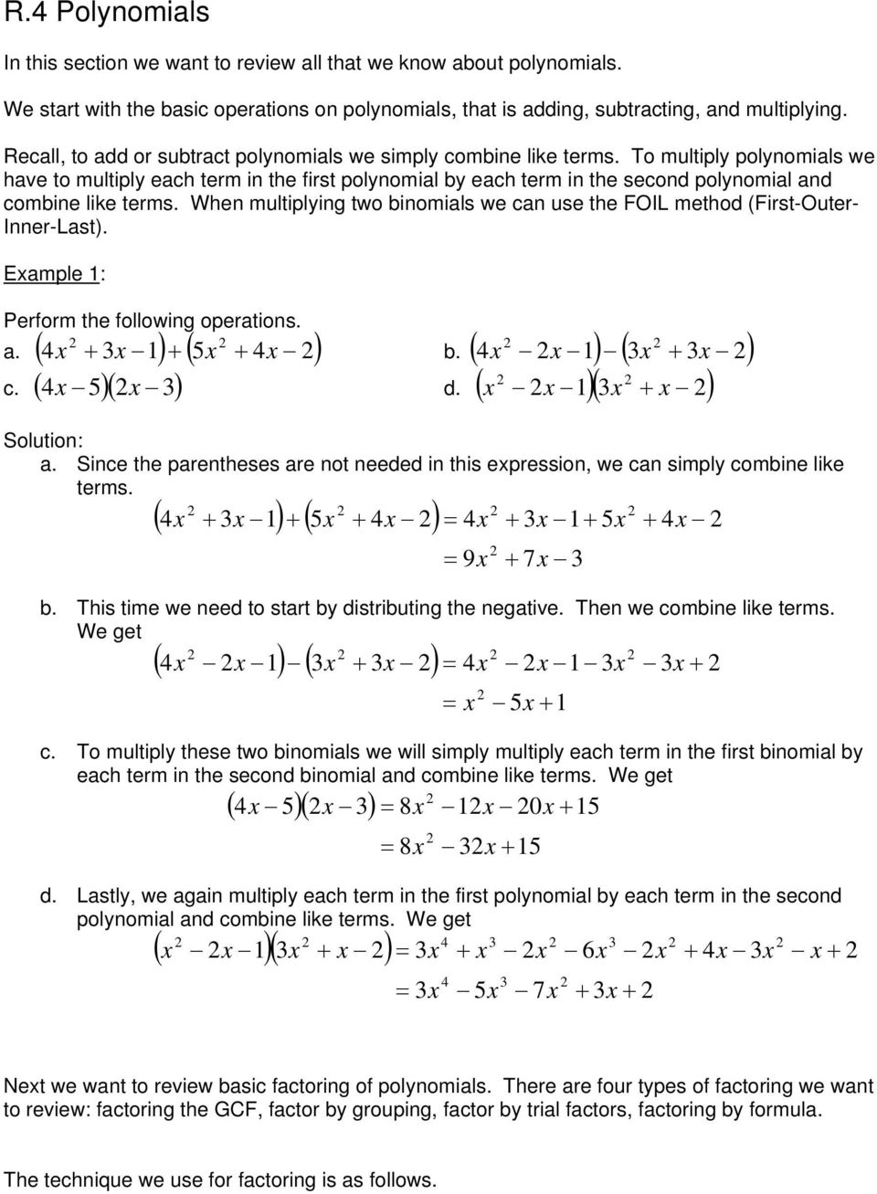 We start with the basic operations on polynomials, that is adding Inside Operations With Polynomials Worksheet