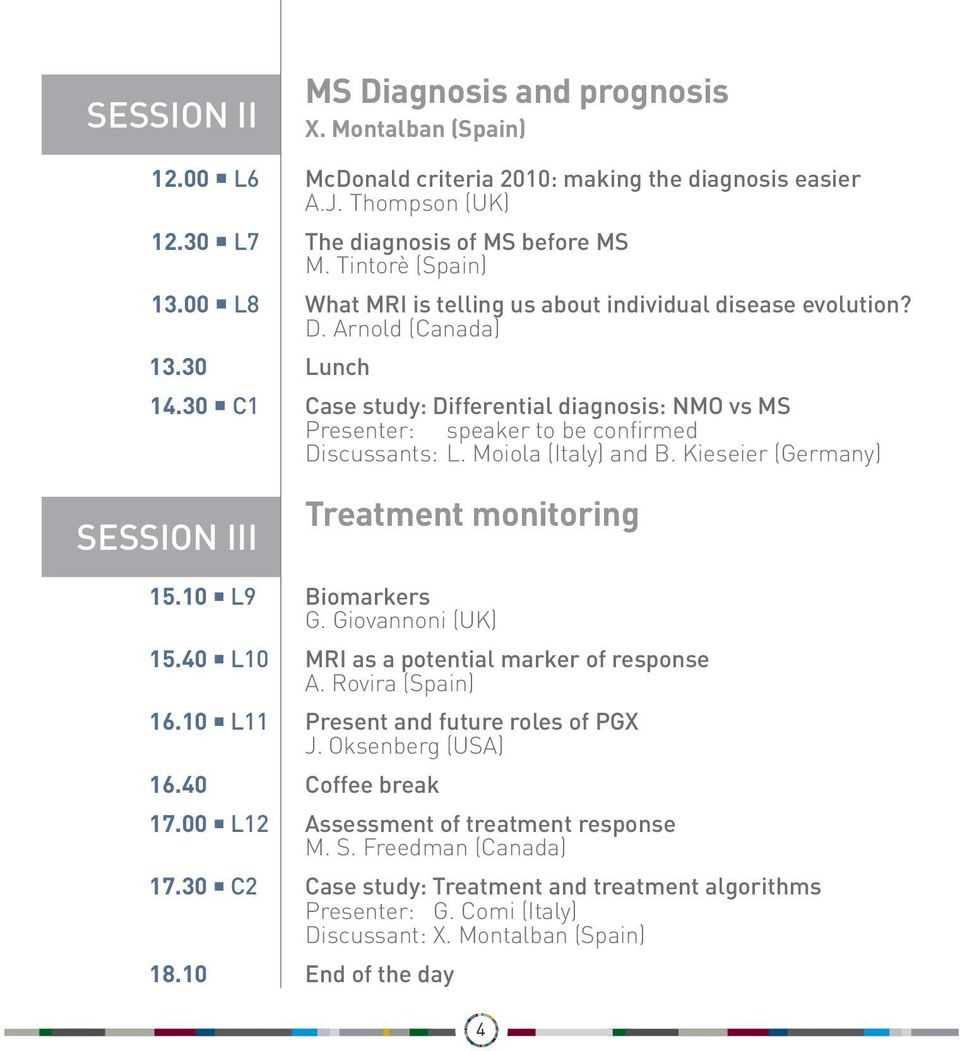 30 C1 Case study: Differential diagnosis: NMO vs MS Presenter: speaker to be confirmed Discussants: L. Moiola (Italy) and B. Kieseier (Germany) SESSION III Treatment monitoring 15.10 L9 Biomarkers G.