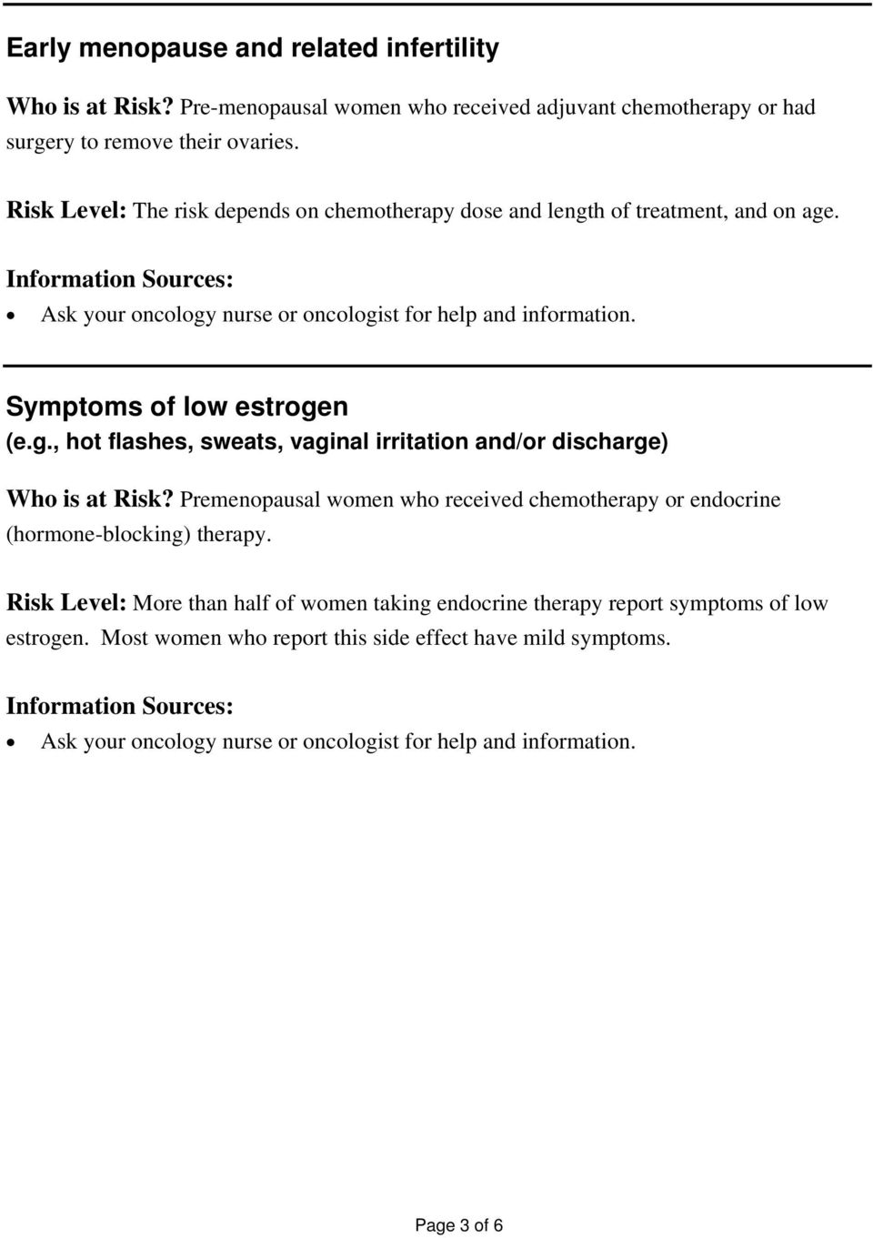 Premenopausal women who received chemotherapy or endocrine (hormone-blocking) therapy. Risk Level: More than half of women taking endocrine therapy report symptoms of low estrogen.