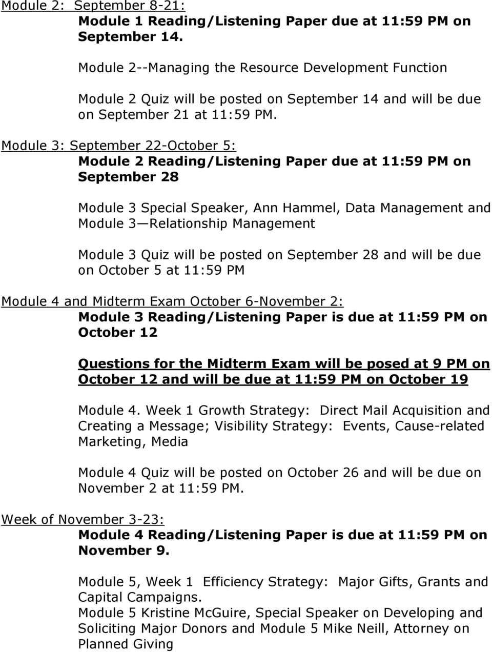 Module 3: September 22-October 5: Module 2 Reading/Listening Paper due at 11:59 PM on September 28 Module 3 Special Speaker, Ann Hammel, Data Management and Module 3 Relationship Management Module 3