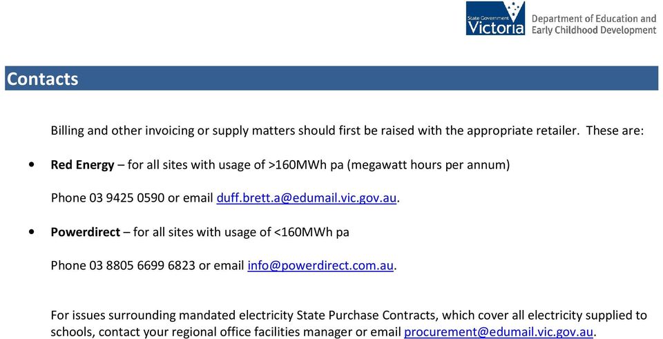 au. Powerdirect for all sites with usage of <16MWh pa Phone 38856699 6823 or email info@powerdirect.com.au. For issues surrounding mandated
