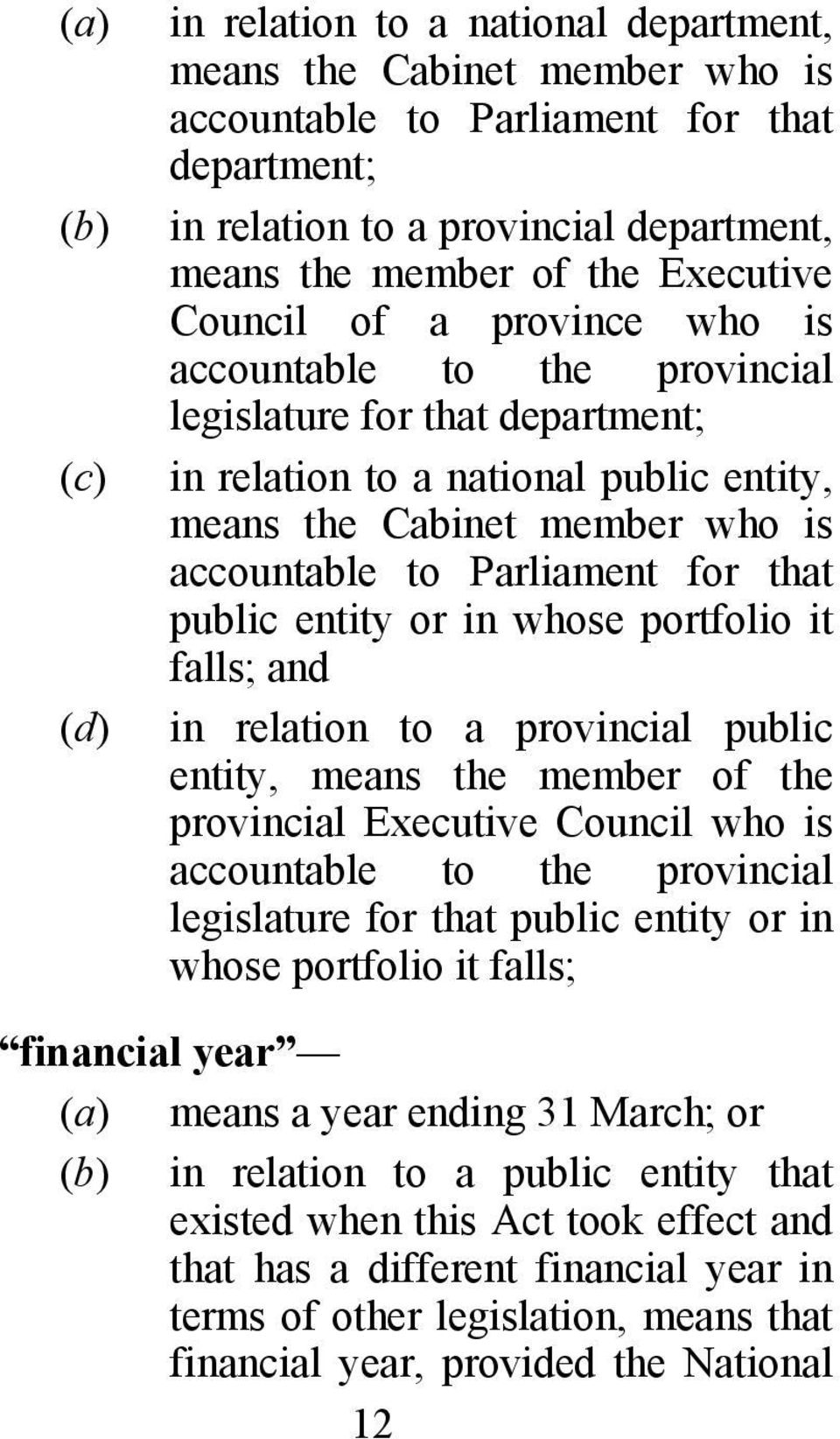 that public entity or in whose portfolio it falls; and (d) in relation to a provincial public entity, means the member of the provincial Executive Council who is accountable to the provincial
