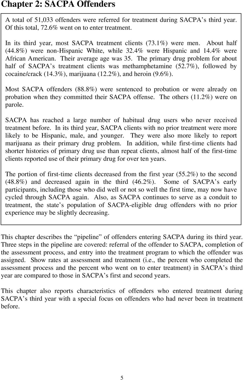 The primary drug problem for about half of SACPA s treatment clients was methamphetamine (52.7%), followed by cocaine/crack (14.3%), marijuana (12.2%), and heroin (9.6%). Most SACPA offenders (88.