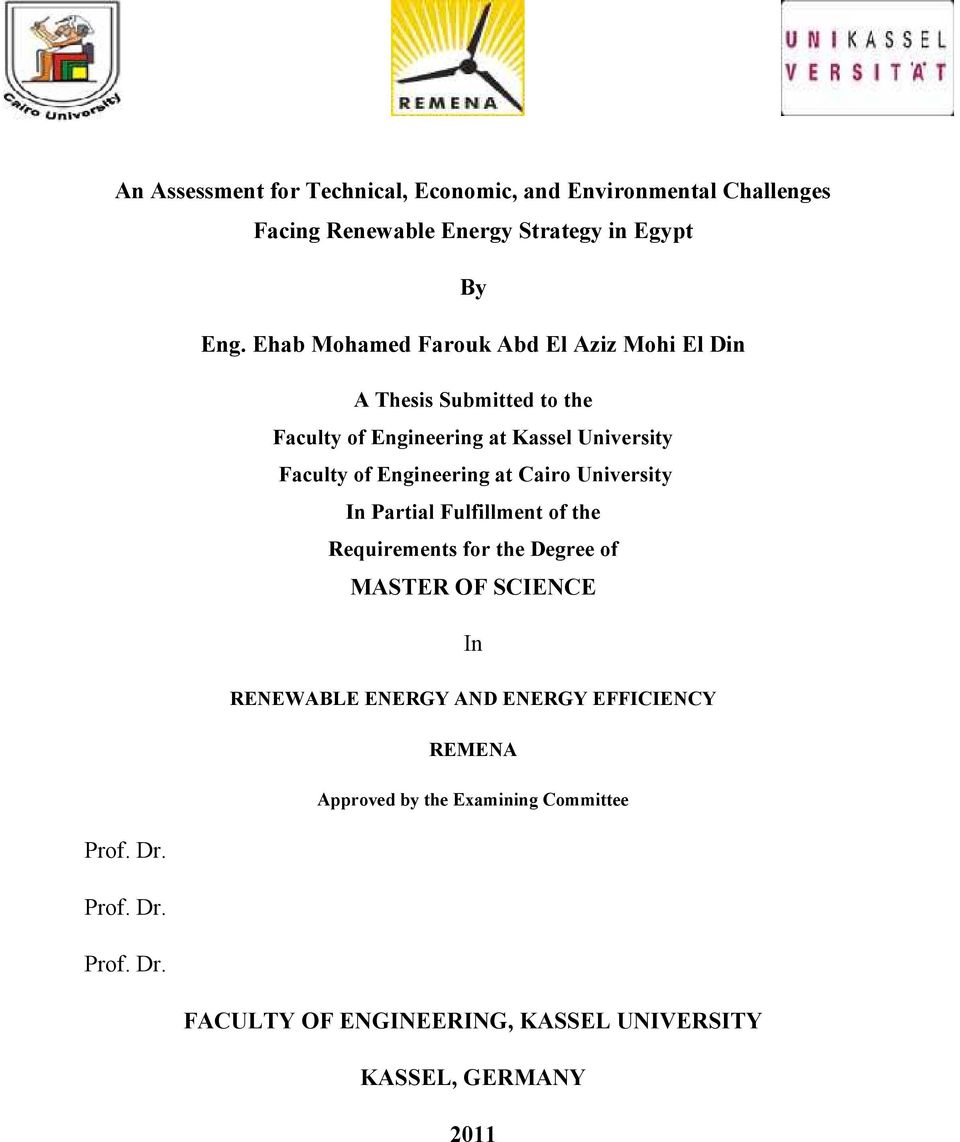 Engineering at Cairo University In Partial Fulfillment of the Requirements for the Degree of MASTER OF SCIENCE In RENEWABLE ENERGY