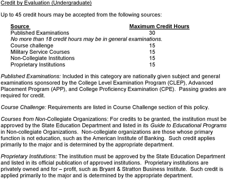 Course challenge 15 Military Service Courses 15 Non-Collegiate Institutions 15 Proprietary Institutions 15 Published Examinations: Included in this category are nationally given subject and general