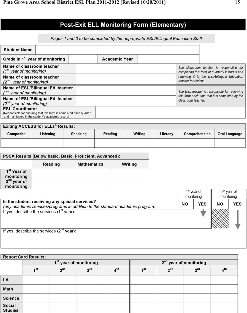 The classroom teacher is responsible for completing this form at quarterly intervals and returning it to the ESL/Bilingual Education teacher for review.