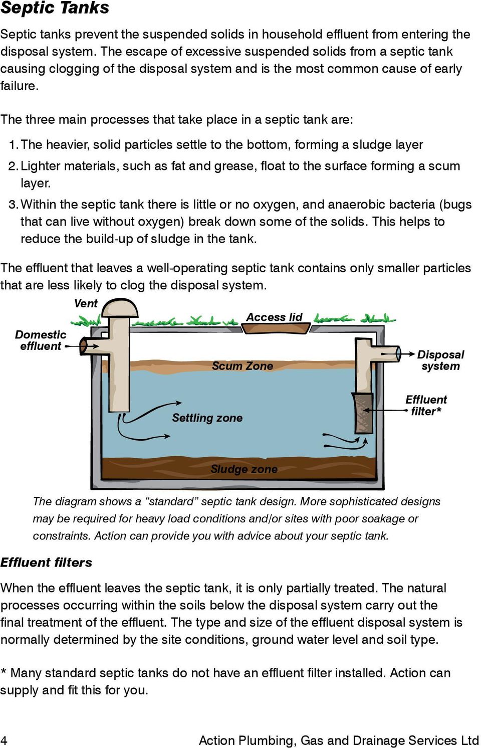 The three main processes that take place in a septic tank are: 1. The heavier, solid particles settle to the bottom, forming a sludge layer 2.