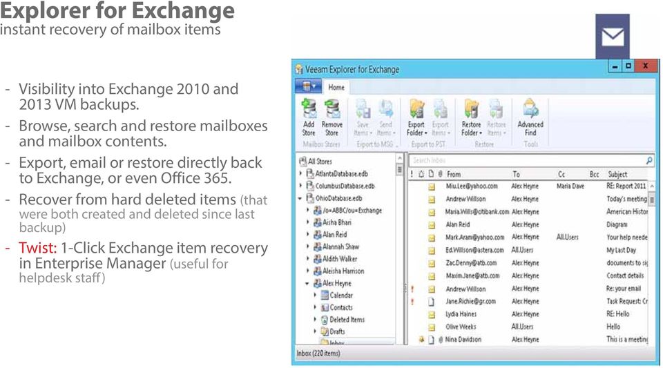 - Export, email or restore directly back to Exchange, or even Office 365.