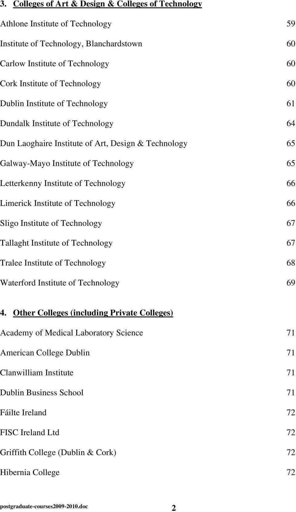 66 Limerick Institute of Technology 66 Sligo Institute of Technology 67 Tallaght Institute of Technology 67 Tralee Institute of Technology 68 Waterford Institute of Technology 69 4.