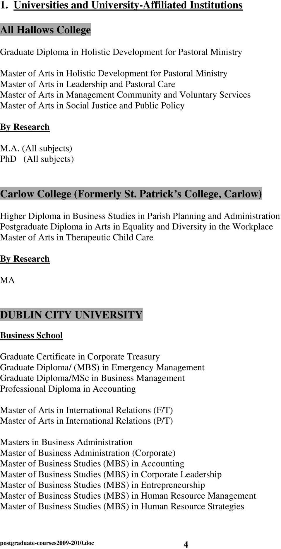 Patrick s College, Carlow) Higher Diploma in Business Studies in Parish Planning and Administration Postgraduate Diploma in Arts in Equality and Diversity in the Workplace Master of Arts in