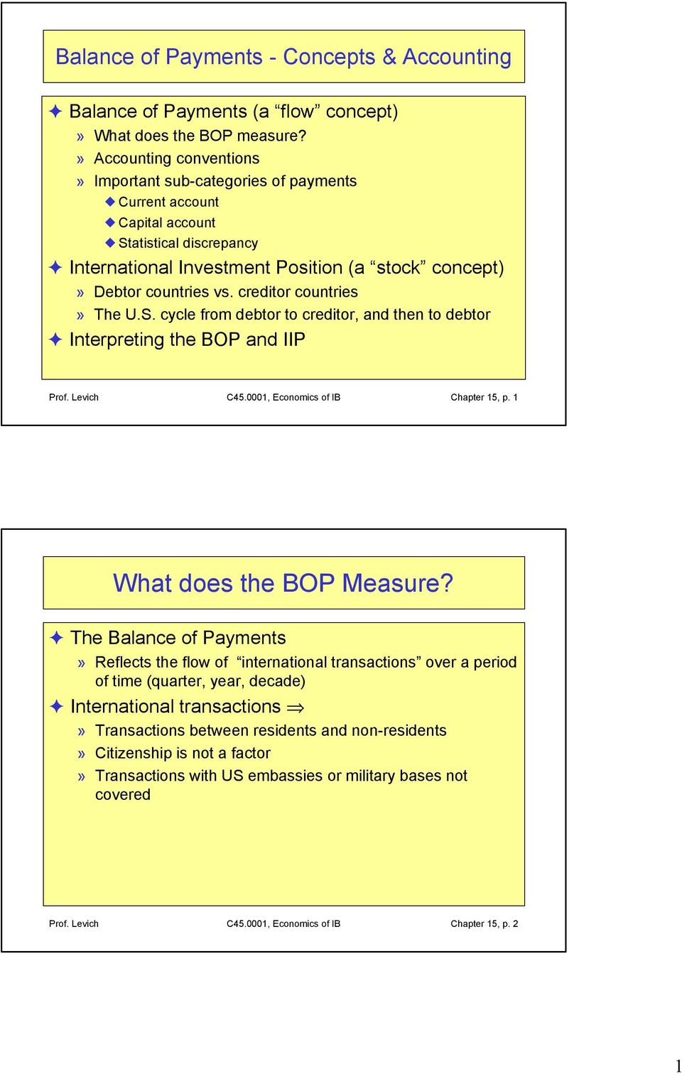 creditor countries» The U.S. cycle from debtor to creditor, and then to debtor Interpreting the BOP and IIP Prof. Levich C45.0001, Economics of IB Chapter 15, p. 1 What does the BOP Measure?