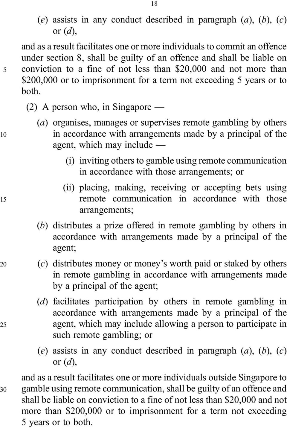 (2) A person who, in Singapore (a) organises, manages or supervises remote gambling by others 10 in accordance with arrangements made by a principal of the agent, which may include (i) inviting