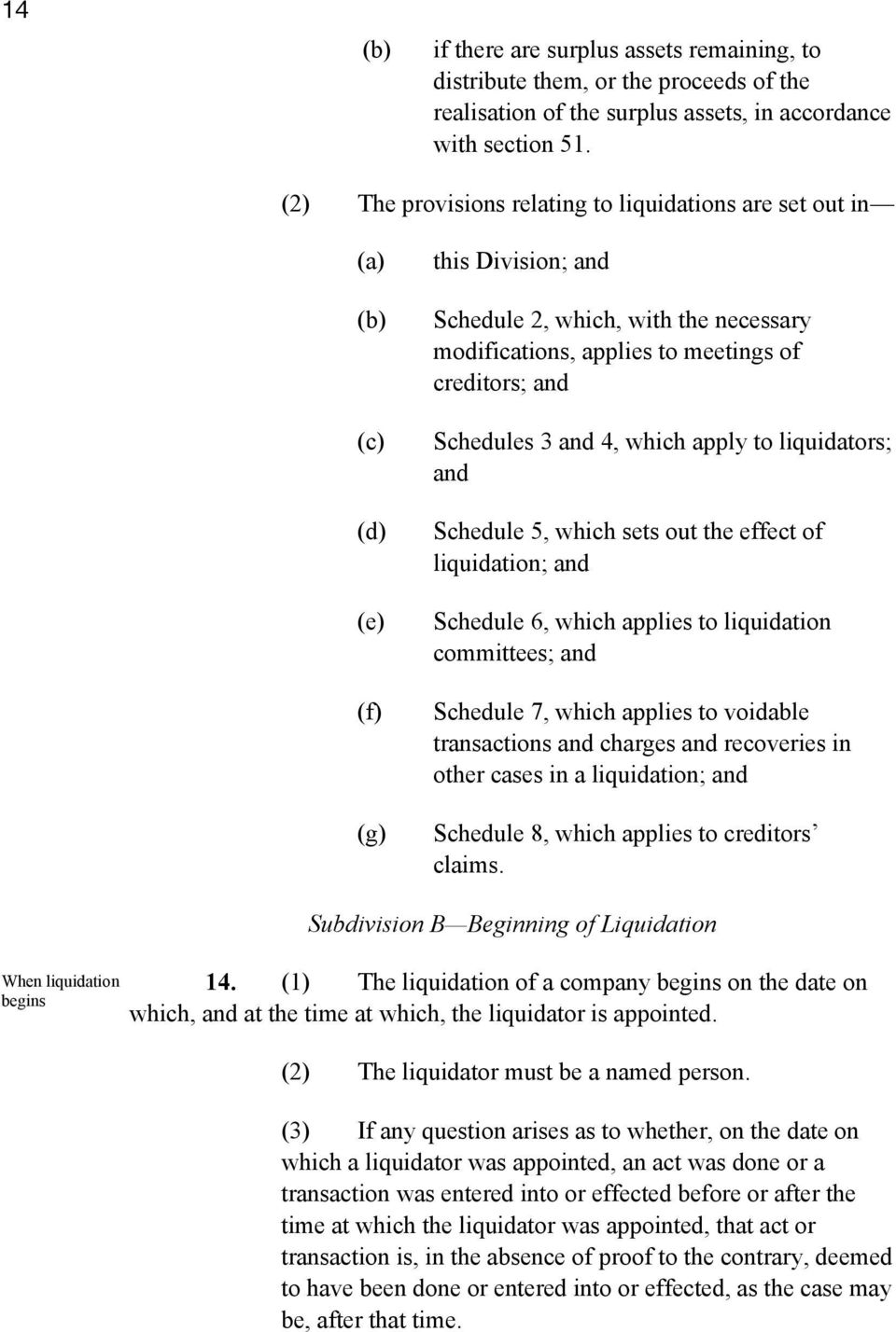 and 4, which apply to liquidators; and Schedule 5, which sets out the effect of liquidation; and Schedule 6, which applies to liquidation committees; and Schedule 7, which applies to voidable