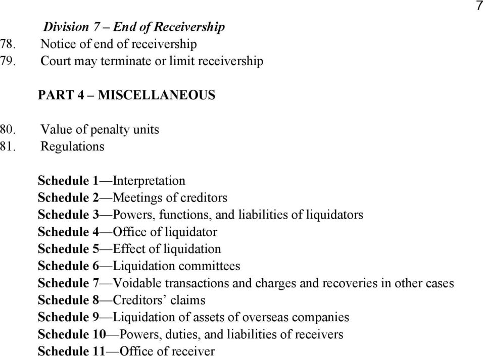 Regulations Schedule 1 Interpretation Schedule 2 Meetings of creditors Schedule 3 Powers, functions, and liabilities of liquidators Schedule 4 Office of