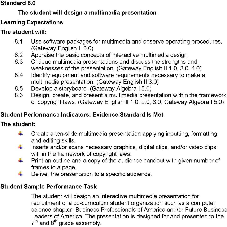 0) 8.4 Identify equipment and software requirements necessary to make a multimedia presentation. (Gateway English II 3.0) 8.5 Develop a storyboard. (Gateway Algebra I 5.0) 8.6 Design, create, and present a multimedia presentation within the framework of copyright laws.