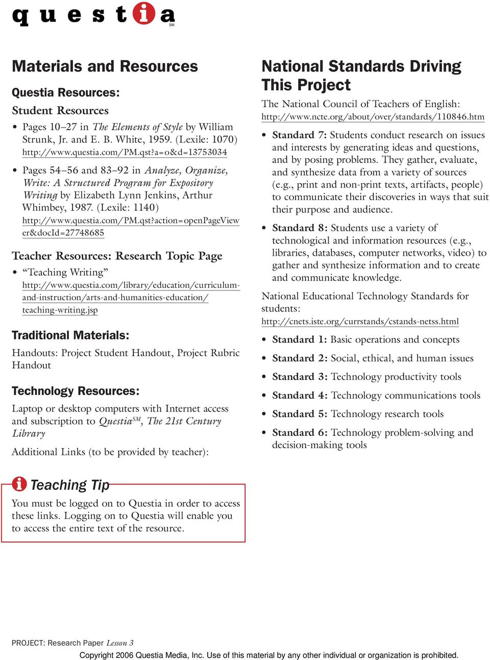 qst?action=openpageview er&docid=27748685 Teacher Resources: Research Topic Page Teaching Writing http://www.questia.