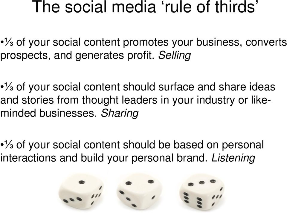 Selling ⅓ of your social content should surface and share ideas and stories from thought