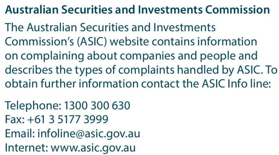 describes the types of complaints handled by ASIC.