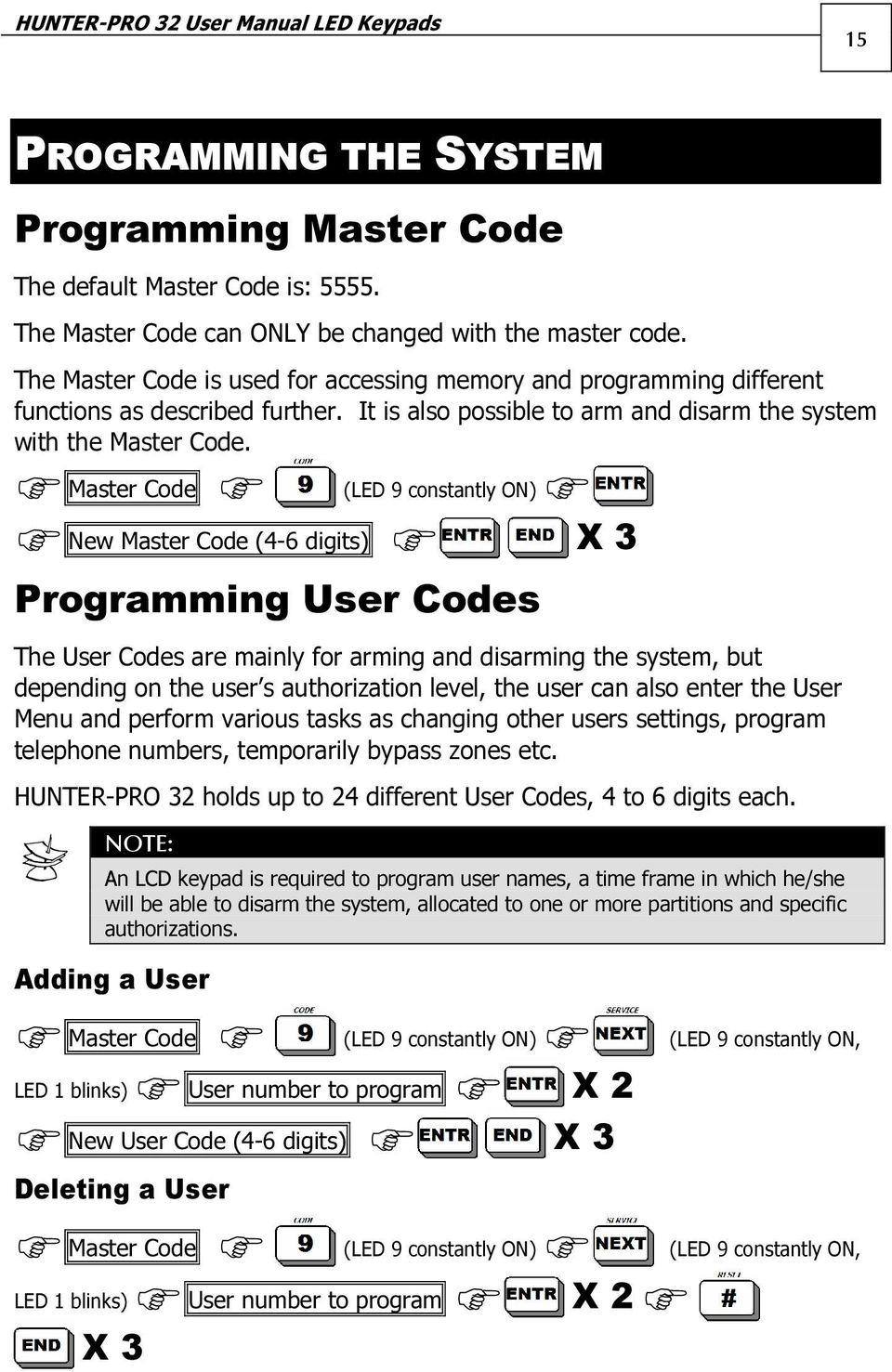 Master Code (LED 9 constantly ON) New Master Code (4-6 digits) X 3 Programming User Codes The User Codes are mainly for arming and disarming the system, but depending on the user s authorization