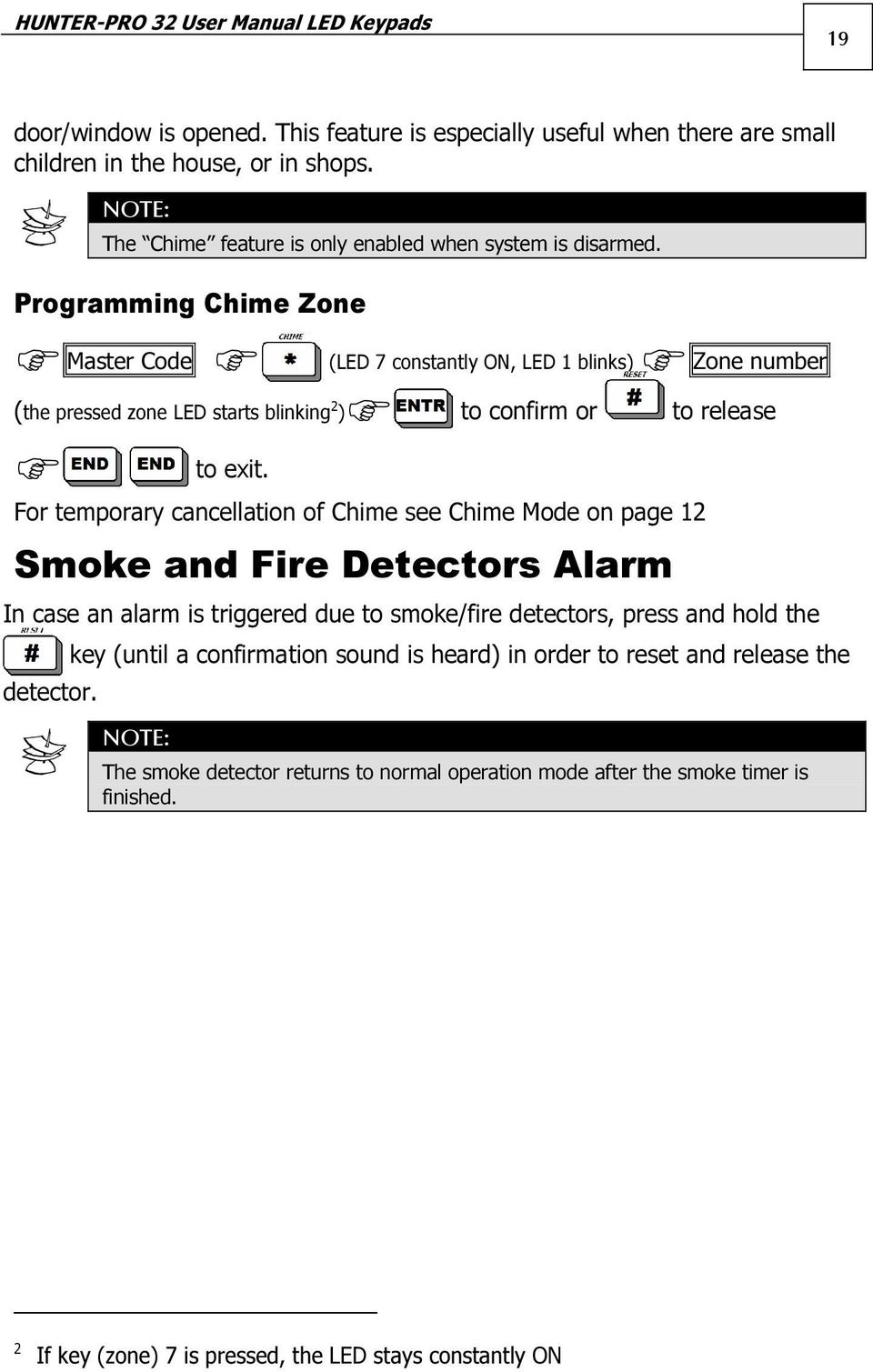 Programming Chime Zone Master Code (LED 7 constantly ON, LED 1 blinks) Zone number (the pressed zone LED starts blinking 2 ) to confirm or to release to exit.