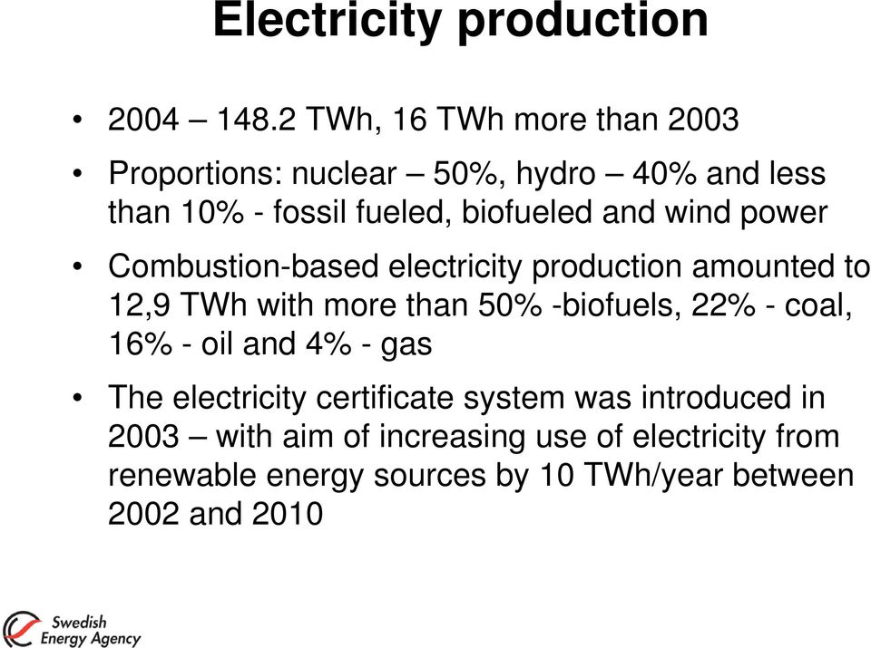 and wind power Combustion-based electricity production amounted to 12,9 TWh with more than 50% -biofuels, 22% -
