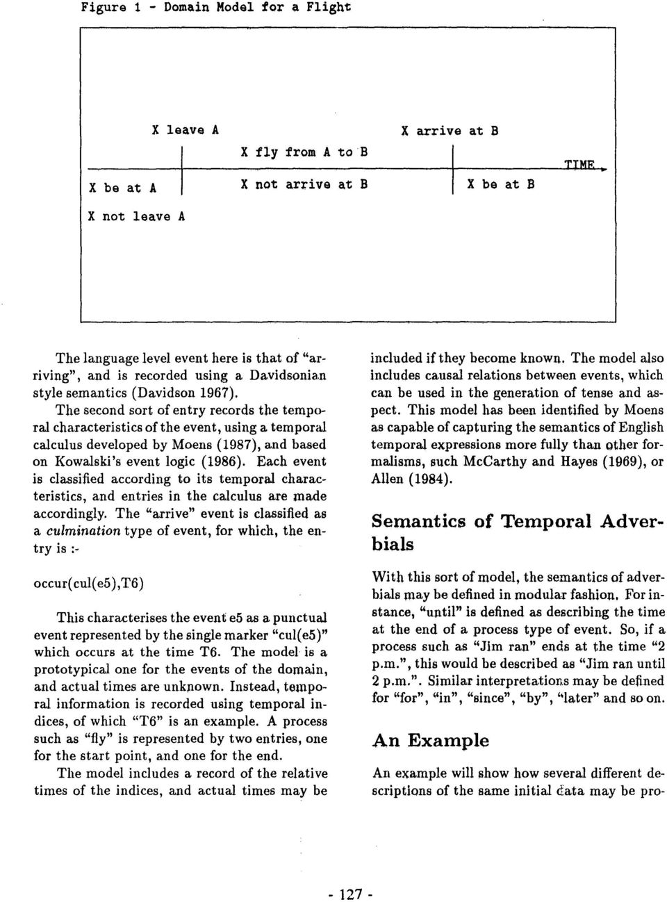 The second sort of entry records the temporal characteristics of the event, using a temporm calculus developed by Moens (1987), and based on Kowalski's event logic (1986).