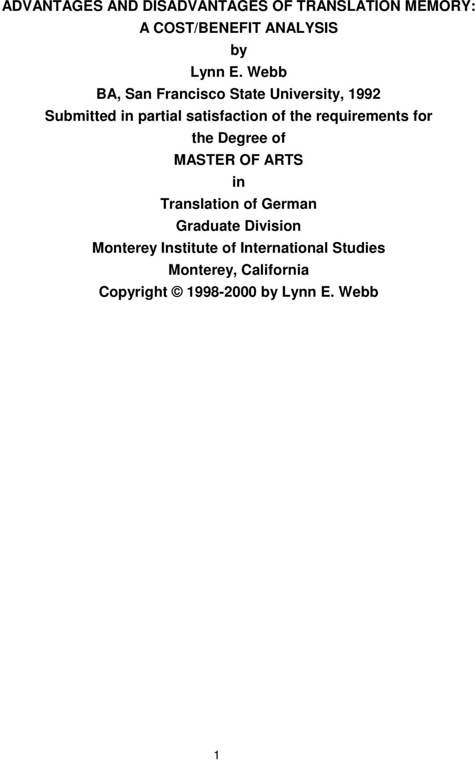 satisfaction of the requirements for the Degree of MASTER OF ARTS in