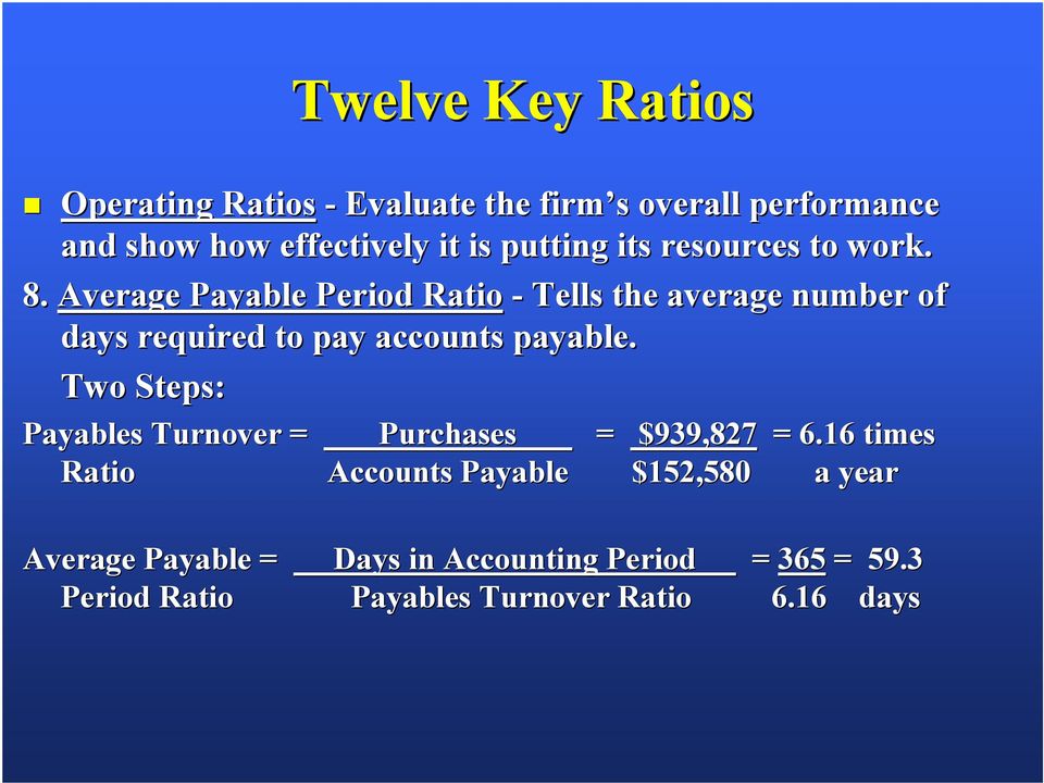 Average Payable Period Ratio - Tells the average number of days required to pay accounts payable.