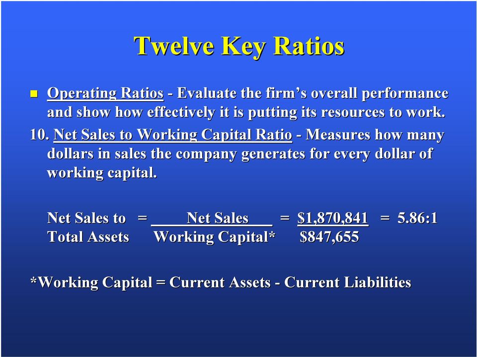 Net Sales to Working Capital Ratio - Measures how many dollars in sales the company generates for every